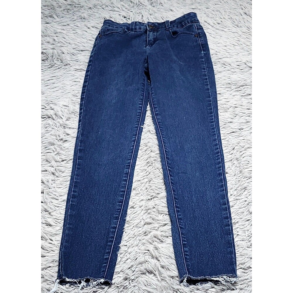 Diamante Jeans Womens Junior Size 3 Skinny Cut Off Cuff Blue Denim Pants Stretch